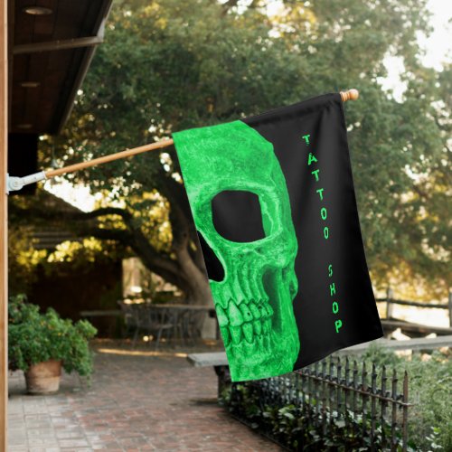 Gothic Skull Face Neon Green Black Tattoo Shop House Flag