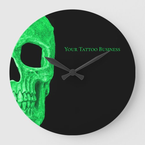 Gothic Skull Face Neon Green Black Tattoo Shop Large Clock