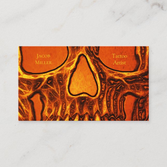Gothic Skull Face Orange Black Tattoo Shop Business Card (Front)