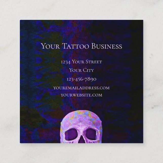 Gothic Skull Face Purple Blue Cool Tattoo Shop Square Business Card (Back)
