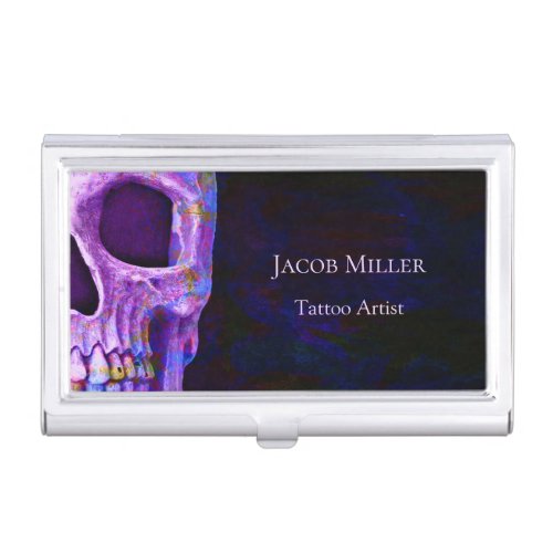 Gothic Skull Face Purple Blue Tattoo Shop Unique Business Card Case