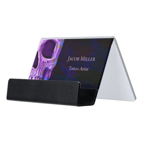 Gothic Skull Face Purple Blue Tattoo Shop Unique Desk Business Card Holder