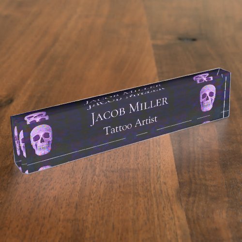 Gothic Skull Face Purple Blue Tattoo Shop Unique Desk Name Plate
