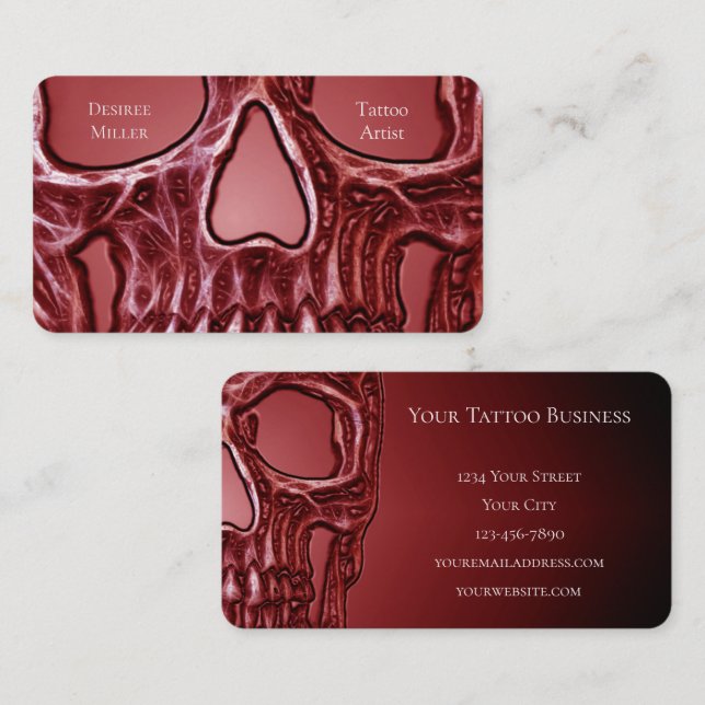 Gothic Skull Face Red Black Glowing Tattoo Shop Business Card (Front/Back)