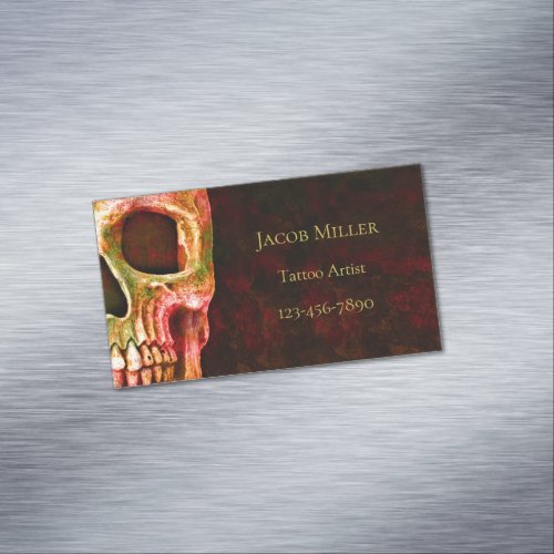 Gothic Skull Face Red Green Tattoo Shop Business Card Magnet