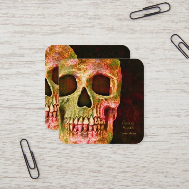 Gothic Skull Face Red Green Tattoo Shop Square Business Card (Front/Back In Situ)