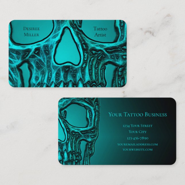 Gothic Skull Face Teal Green Tattoo Shop Business Card (Front/Back)
