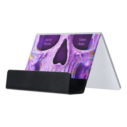 Gothic Skull Face Unique Purple Blue Tattoo Shop Desk Business Card Holder