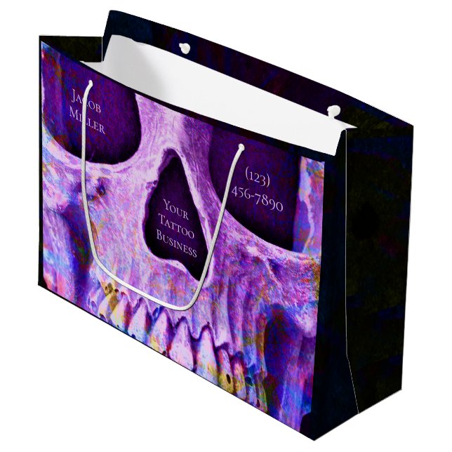 Gothic Skull Face Unique Purple Blue Tattoo Shop Large Gift Bag (Front Angled)