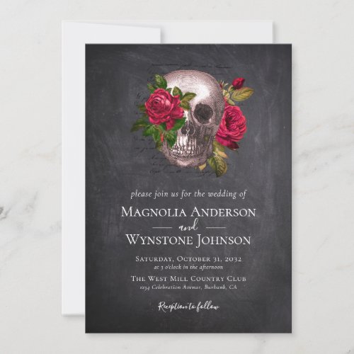 Gothic Skull Floral Black Halloween Wedding Invita Invitation