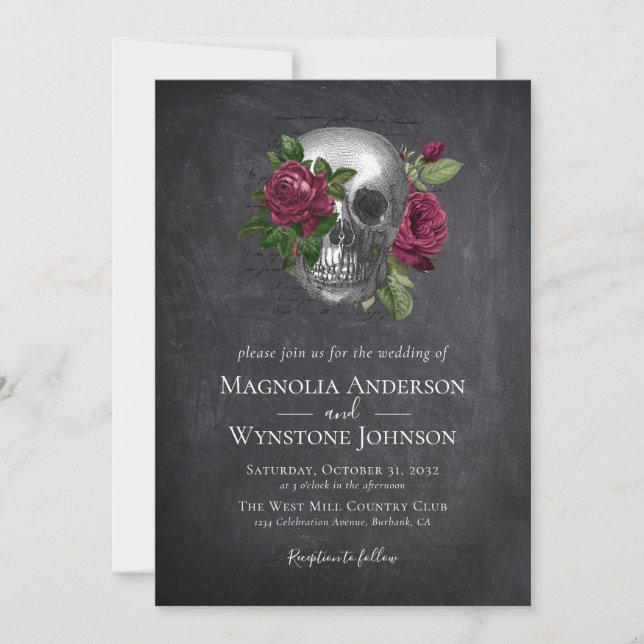 Gothic Skull Floral Black Halloween Wedding Invitation (Front)