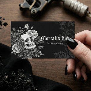 Gothic Skull & Floral Black Tattoo Studio Artist Business Card