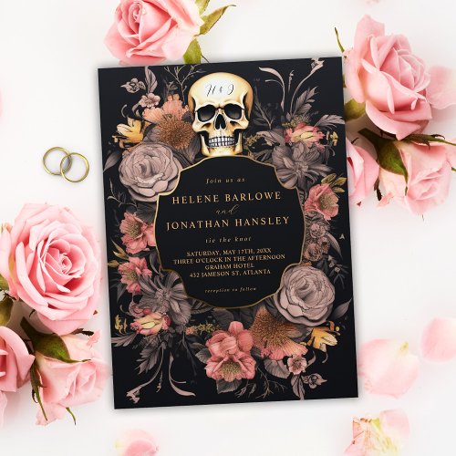 Gothic Skull Floral Black Wedding Invitation