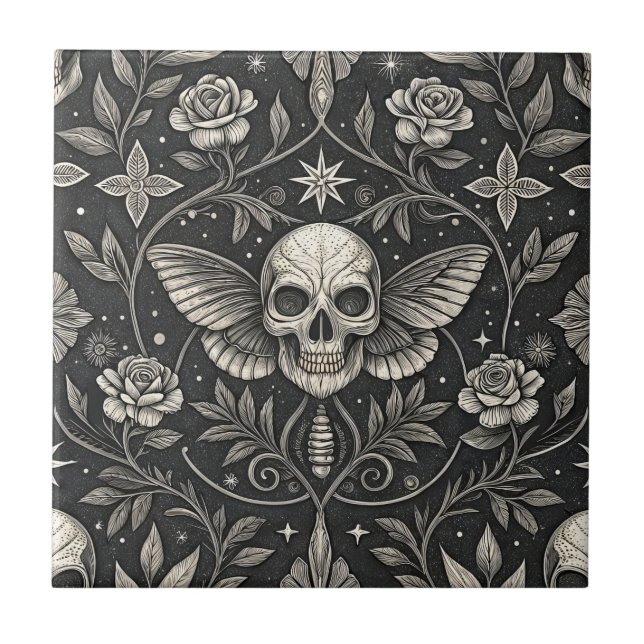 Gothic Skull Floral Celestial Pattern (1) Ceramic Tile (Front)