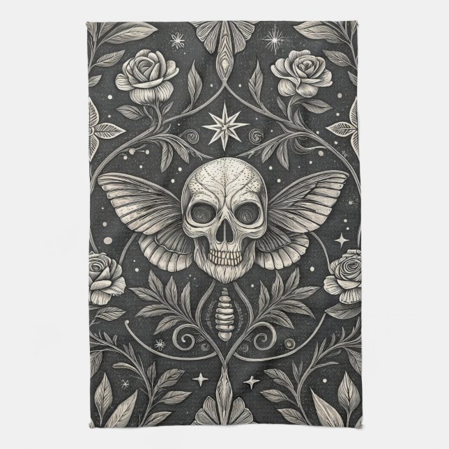 Gothic Skull Floral Celestial Pattern (1) Kitchen Towel (Vertical)