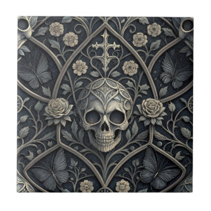 Gothic Skull Floral Celestial Pattern (2) Ceramic Tile