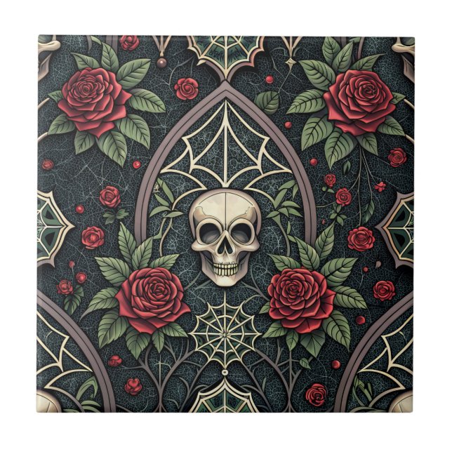 Gothic Skull Floral Celestial Pattern (3) Ceramic Tile (Front)