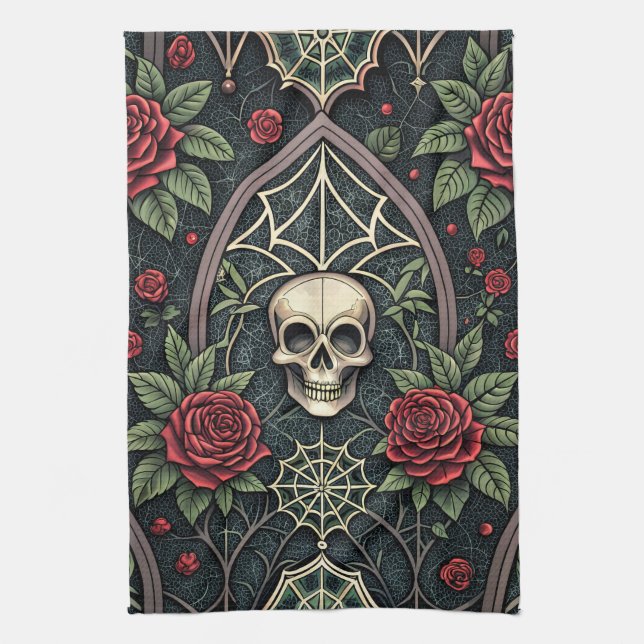 Gothic Skull Floral Celestial Pattern (3) Kitchen Towel (Vertical)