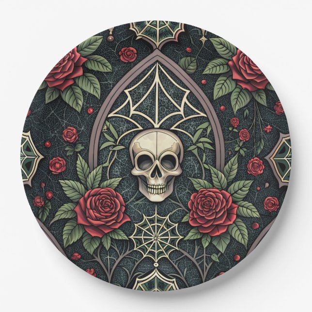 Gothic Skull Floral Celestial Pattern (3) Paper Plates (Front)