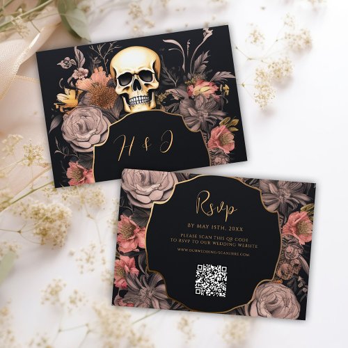 Gothic Skull Floral QR Code Wedding RSVP Card