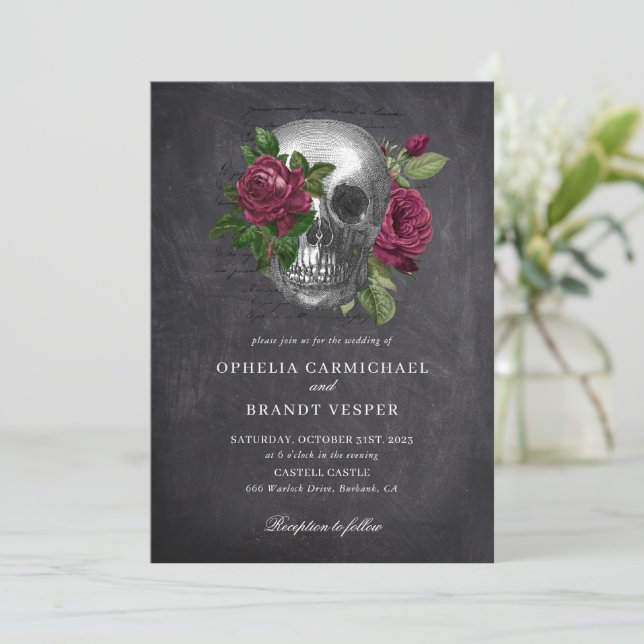 Gothic Skull Floral Wedding Invitation (Standing Front)
