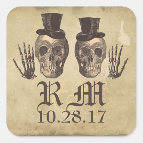 Gothic Skull gay couple Day of Dead Wedding Square Sticker