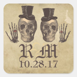 Gothic Skull gay couple Day of Dead Wedding Square Sticker