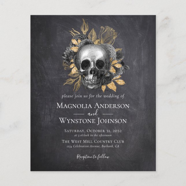 Gothic Skull Gold Halloween Wedding Invitation (Front)