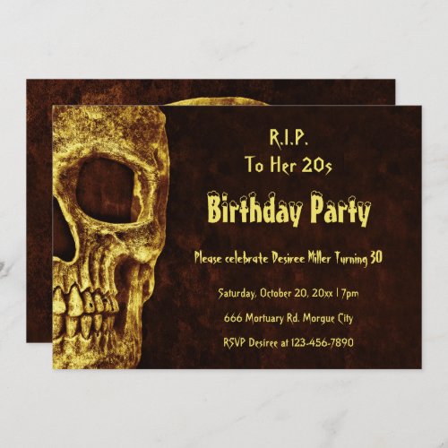 Gothic Skull Gold Yellow Birthday RIP To Her 20s Invitation