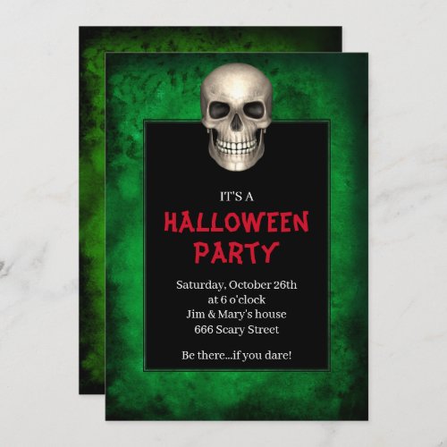 Gothic Skull Green Grunge Halloween Party Invitation