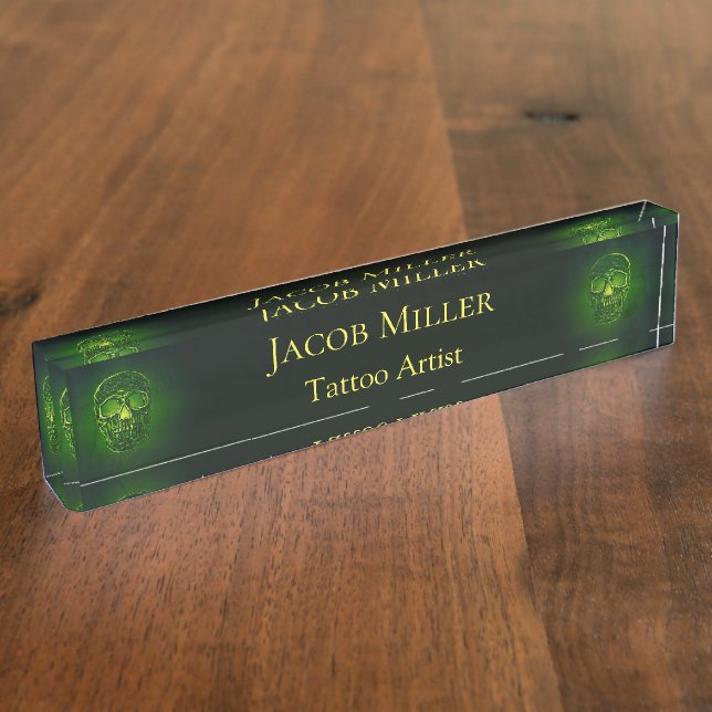 Gothic Skull Green Neon Metallic Tattoo Artist Desk Name Plate (Side)