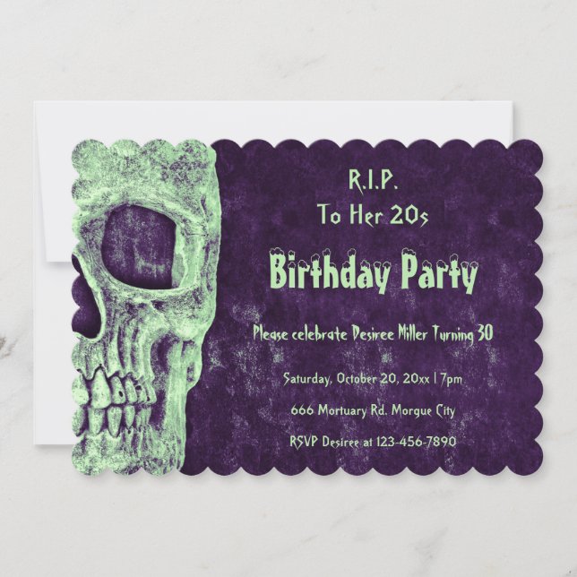 Gothic Skull Green Purple Birthday RIP To Her 20s Invitation (Front)