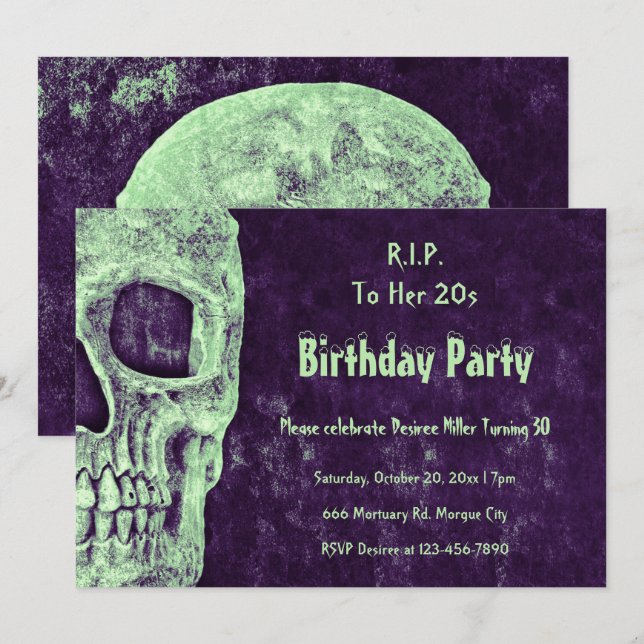 Gothic Skull Green Purple Birthday RIP To Her 20s Invitation (Front/Back)