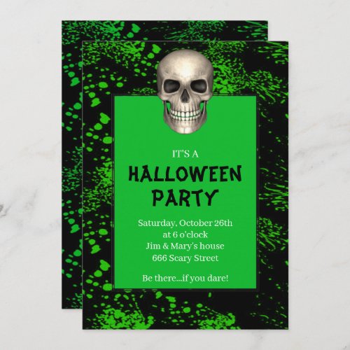 Gothic Skull Green Splatter Halloween Party Invitation