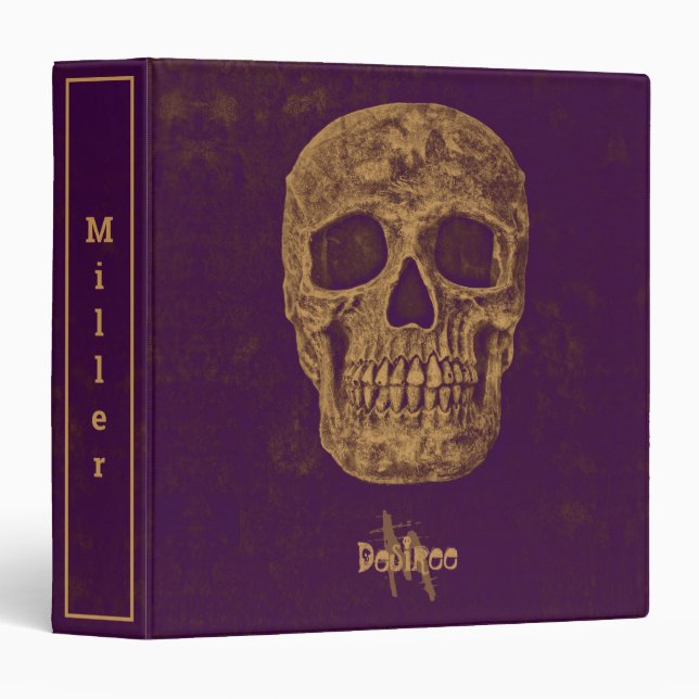 Gothic Skull Grunge Gold Purple Cool Monogram 3 Ring Binder (Front/Spine)