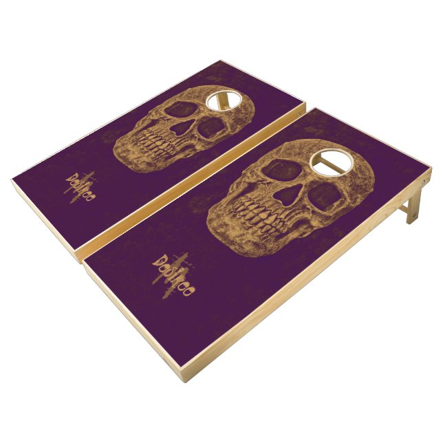 Gothic Skull Grunge Purple Gold Cool Monogram Cornhole Set (Angled)