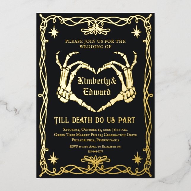 Gothic Skull Hallowedding Retro Wedding Invitation Foil Invitation (Front)