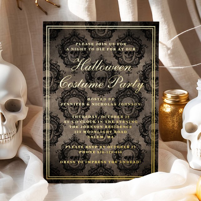 Gothic Skull Halloween Costume Party Gold Foil Invitation (Gothic Skull Halloween Costume Party Gold Foil Invitation)
