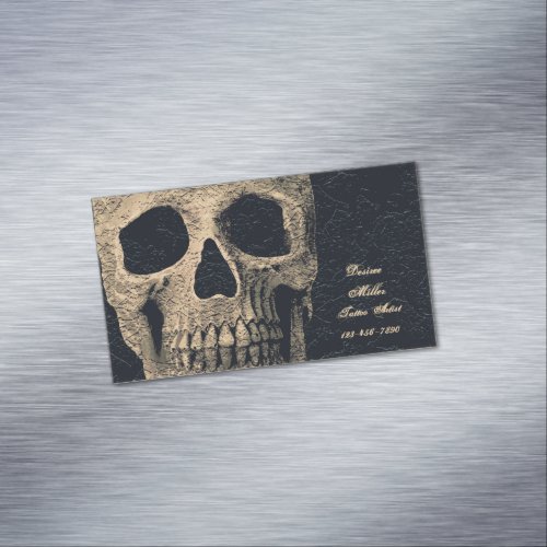 Gothic Skull Head Beige Black Floral Tattoo Artist Business Card Magnet