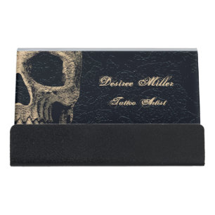 Gothic Skull Head Beige Black Floral Tattoo Artist Desk Business Card Holder