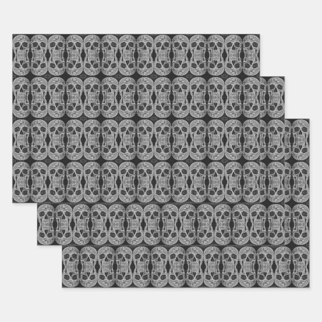 Gothic Skull Head Black And White Abstract Pattern Wrapping Paper Sheets (Set)
