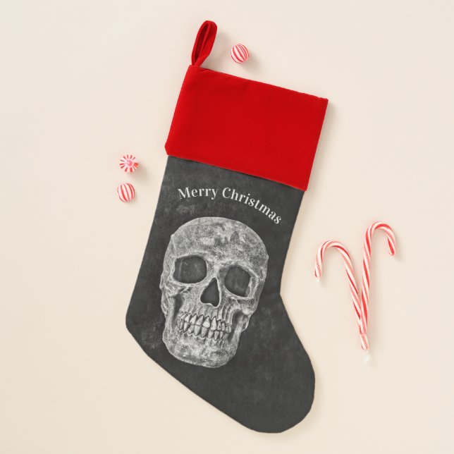 Gothic Skull Head Black And White Christmas Stocking (Front)