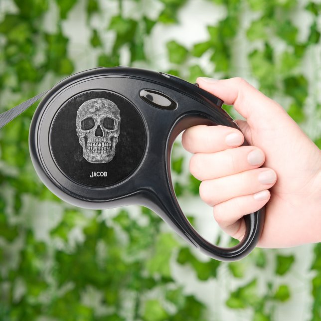 Gothic Skull Head Black And White Cool Retractable Pet Leash (Hand)