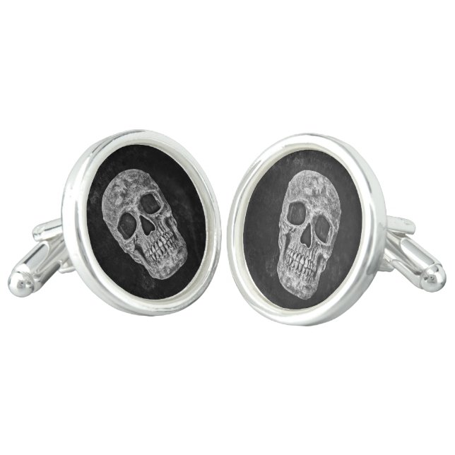 Gothic Skull Head Black And White Grunge Cufflinks (Angled)