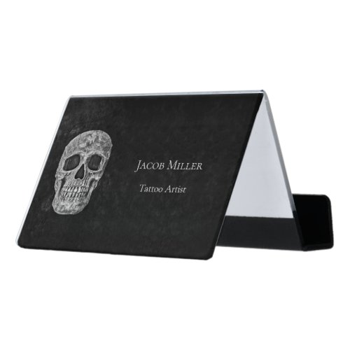Gothic Skull Head Black And White Tattoo Artist Desk Business Card Holder