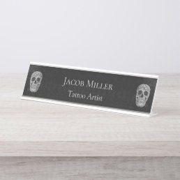 Gothic Skull Head Black And White Tattoo Artist Desk Name Plate