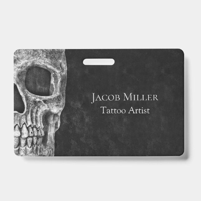 Gothic Skull Head Black And White Tattoo Shop Badge (Front)