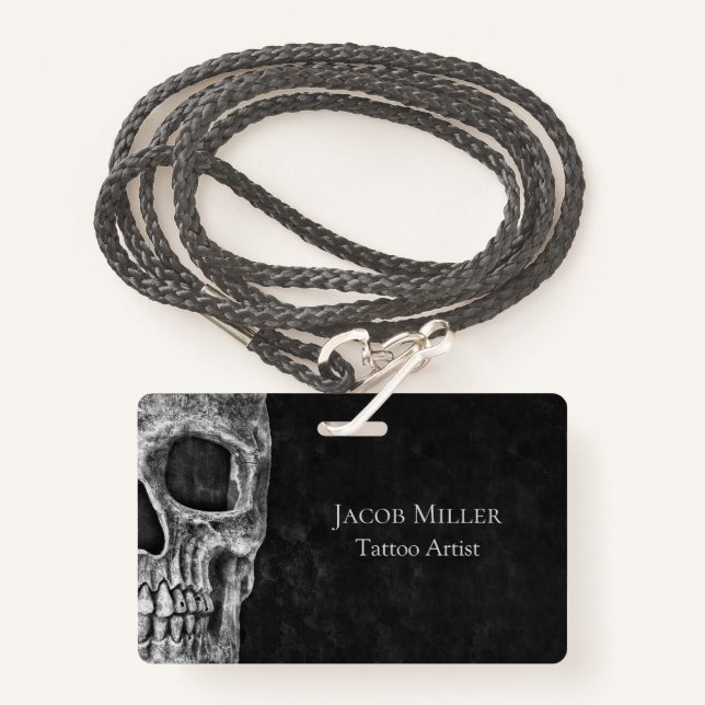 Gothic Skull Head Black And White Tattoo Shop Badge (Front with Lanyard)