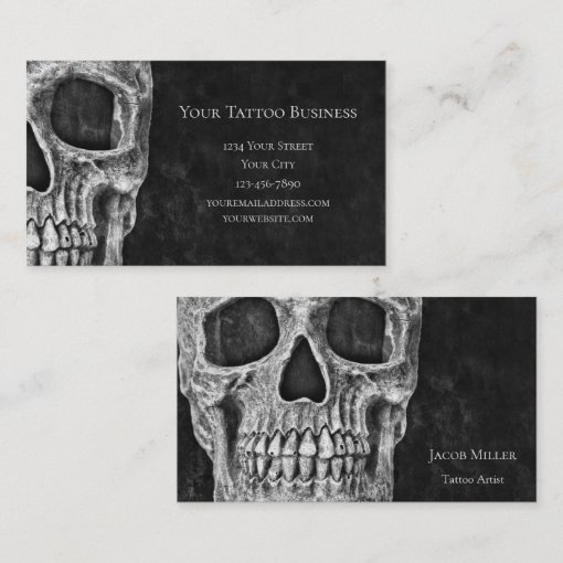 Gothic Skull Head Black And White Tattoo Shop Business Card | Zazzle