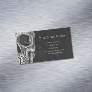 Gothic Skull Head Black And White Tattoo Shop Business Card Magnet